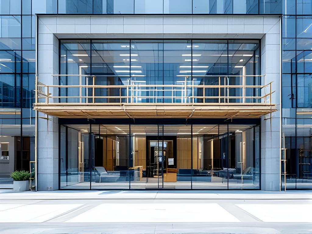 Modernes Bürogebäude mit Glasfronten und präzisen Baustellenarbeiten an der Aussenhülle
